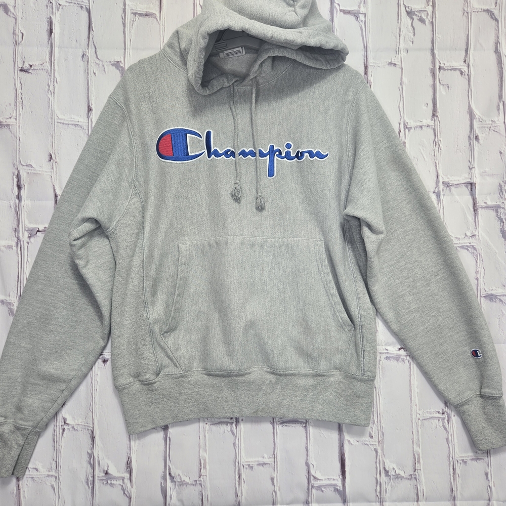 Champion Reverse Weave Light Gray Hoodie Mens Size‎ Small Stitched Spellout Logo